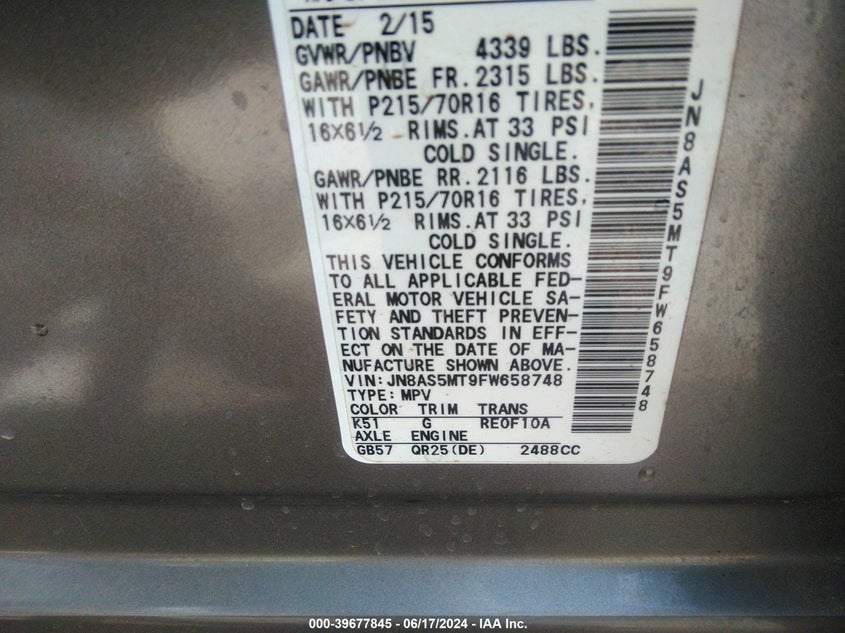 2015 Nissan Rogue Select S VIN: JN8AS5MT9FW658748 Lot: 39677845