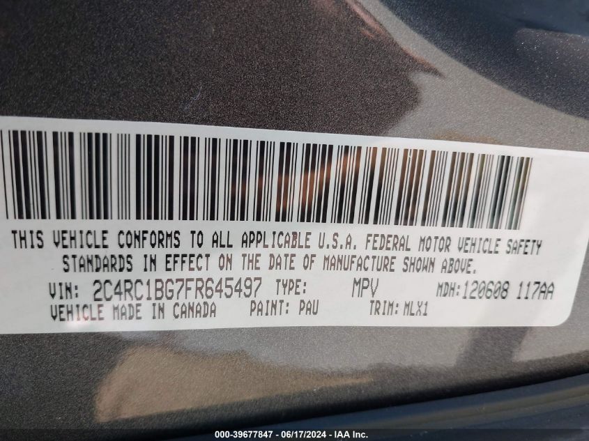 2015 Chrysler Town & Country Touring VIN: 2C4RC1BG7FR645497 Lot: 39677847