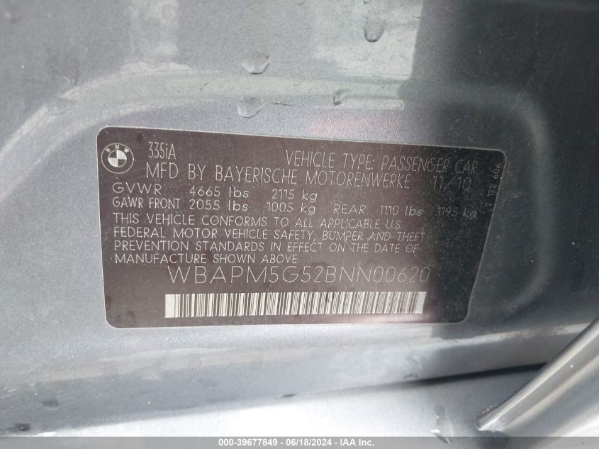 2011 BMW 335I VIN: WBAPM5G52BNN00620 Lot: 39677849