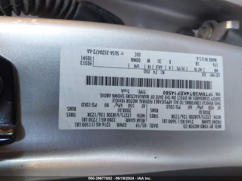 2019 Ford F-350 Lariat VIN: 1FT8W3BT4KEF14580 Lot: 39677852