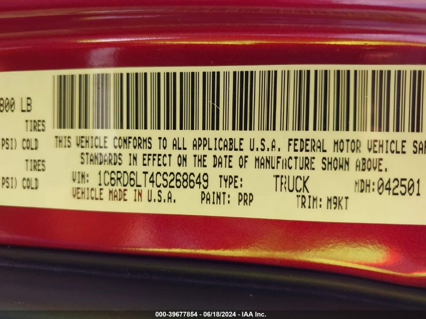 2012 Ram 1500 Slt VIN: 1C6RD6LT4CS268649 Lot: 39677854