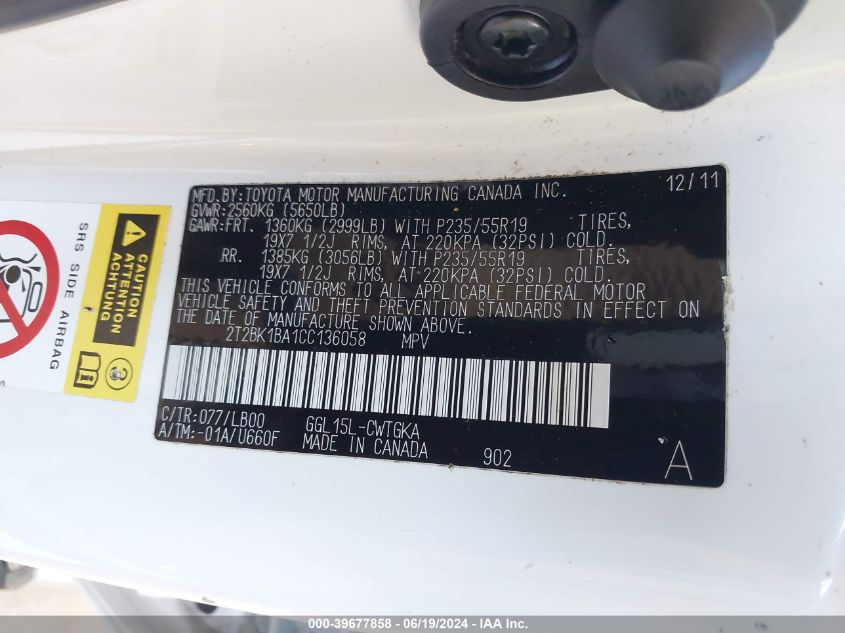 2012 Lexus Rx 350 VIN: 2T2BK1BA1CC136058 Lot: 39677858