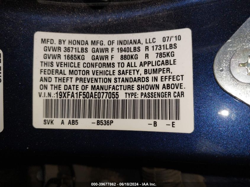 2010 Honda Civic Lx VIN: 19XFA1F50AE077055 Lot: 39677862