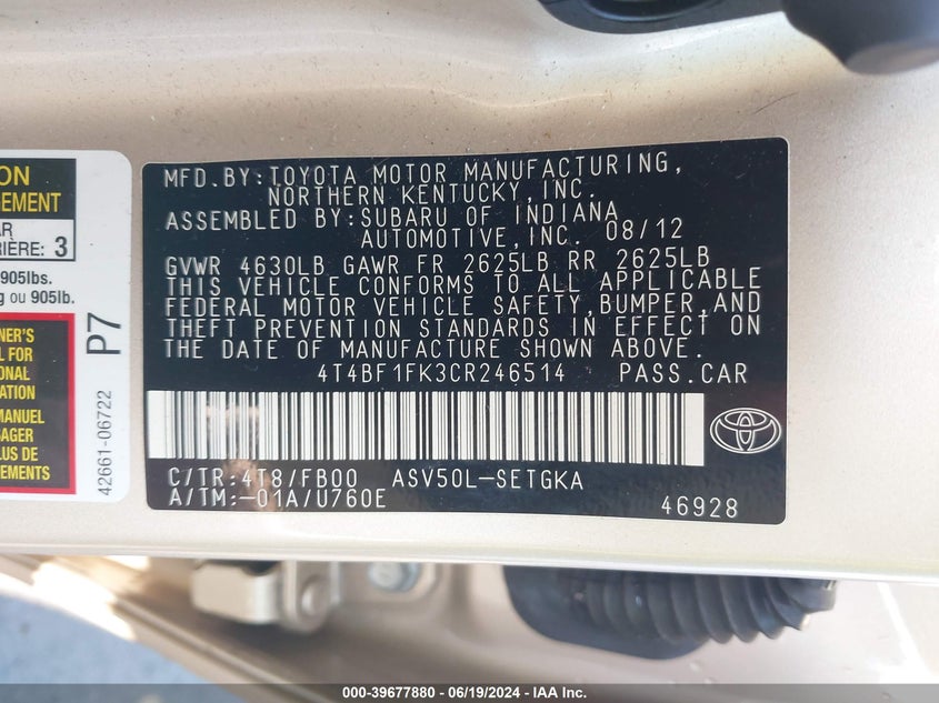 2012 Toyota Camry Xle VIN: 4T4BF1FK3CR246514 Lot: 39677880