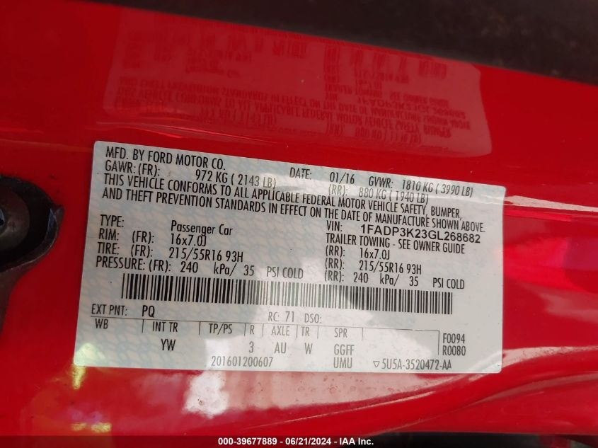 2016 Ford Focus Se VIN: 1FADP3K23GL268682 Lot: 39677889