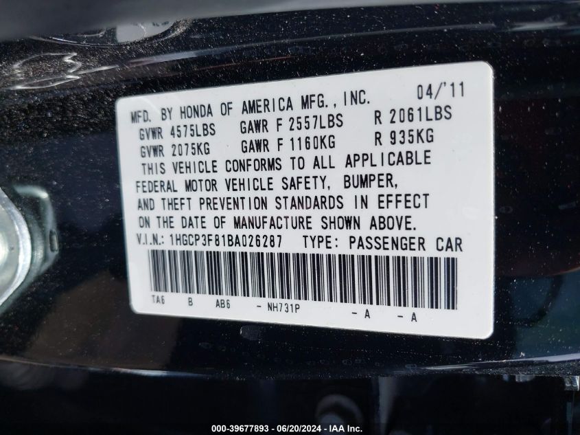 2011 Honda Accord 3.5 Ex-L VIN: 1HGCP3F81BA026287 Lot: 39677893