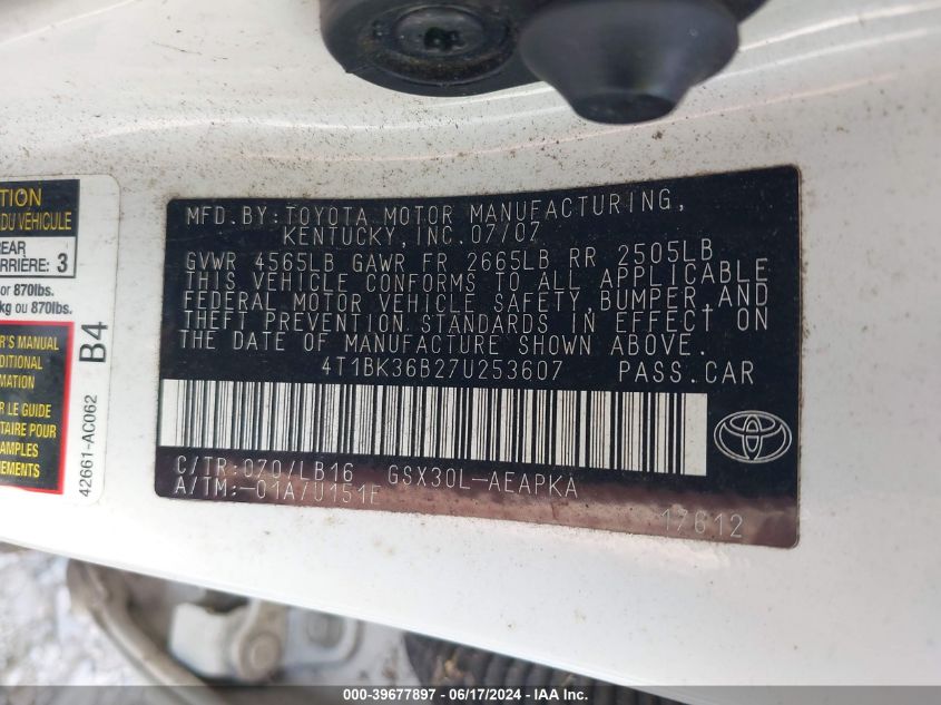 2007 Toyota Avalon Limited VIN: 4T1BK36B27U253607 Lot: 39677897