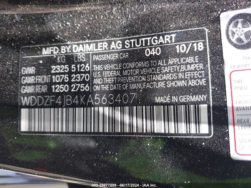 2019 Mercedes-Benz E 300 VIN: WDDZF4JB4KA563407 Lot: 39677899