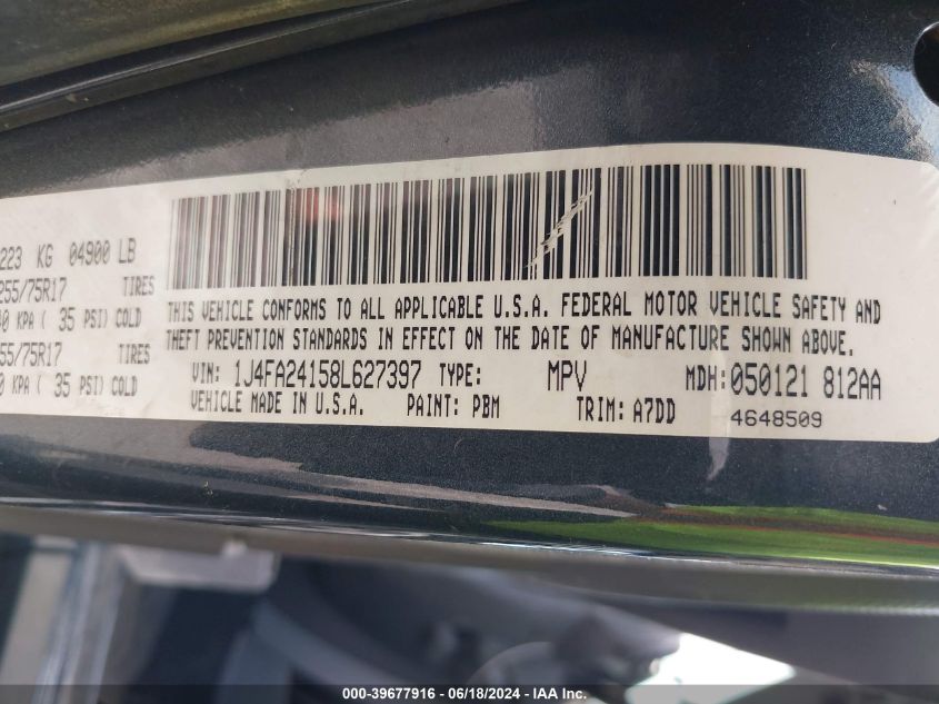 2008 Jeep Wrangler X VIN: 1J4FA24158L627397 Lot: 39677916