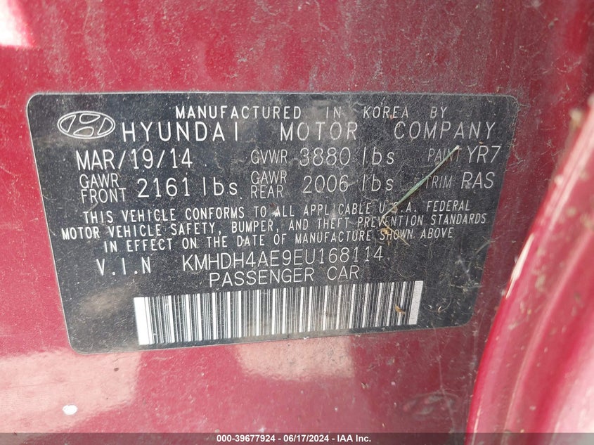 2014 Hyundai Elantra Se VIN: KMHDH4AE9EU168114 Lot: 39677924