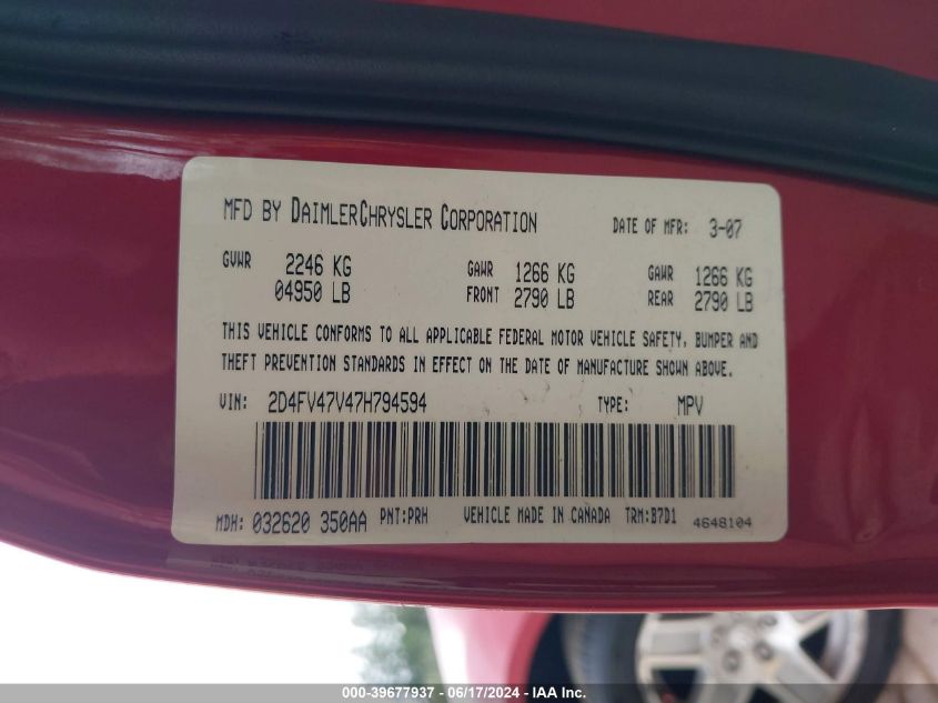 2007 Dodge Magnum VIN: 2D4FV47V47H794594 Lot: 39677937