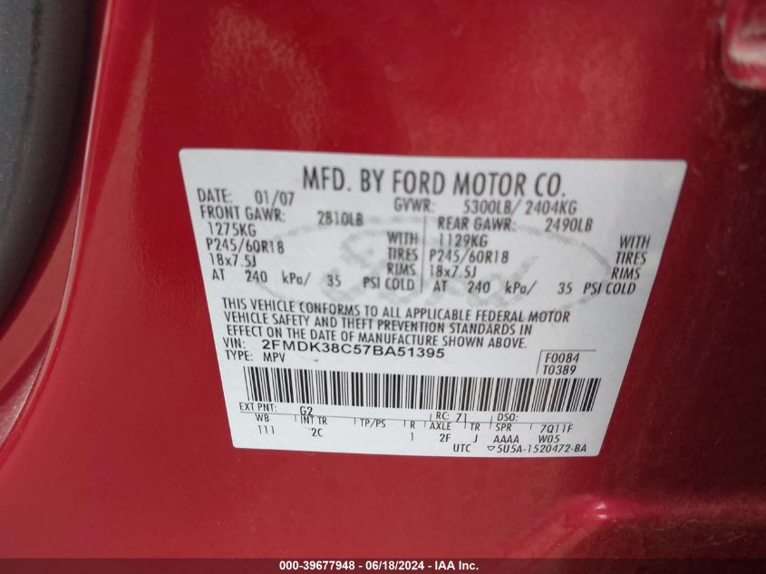 2007 Ford Edge Sel VIN: 2FMDK38C57BA51395 Lot: 39677948