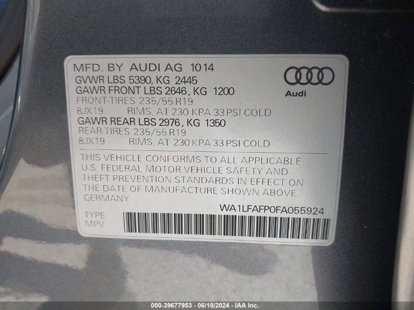 2015 Audi Q5 2.0T Premium VIN: WA1LFAFP0FA055924 Lot: 39677953