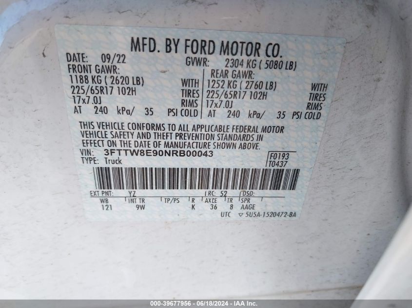 2022 Ford Maverick Xl VIN: 3FTTW8E90NRB00043 Lot: 39677956