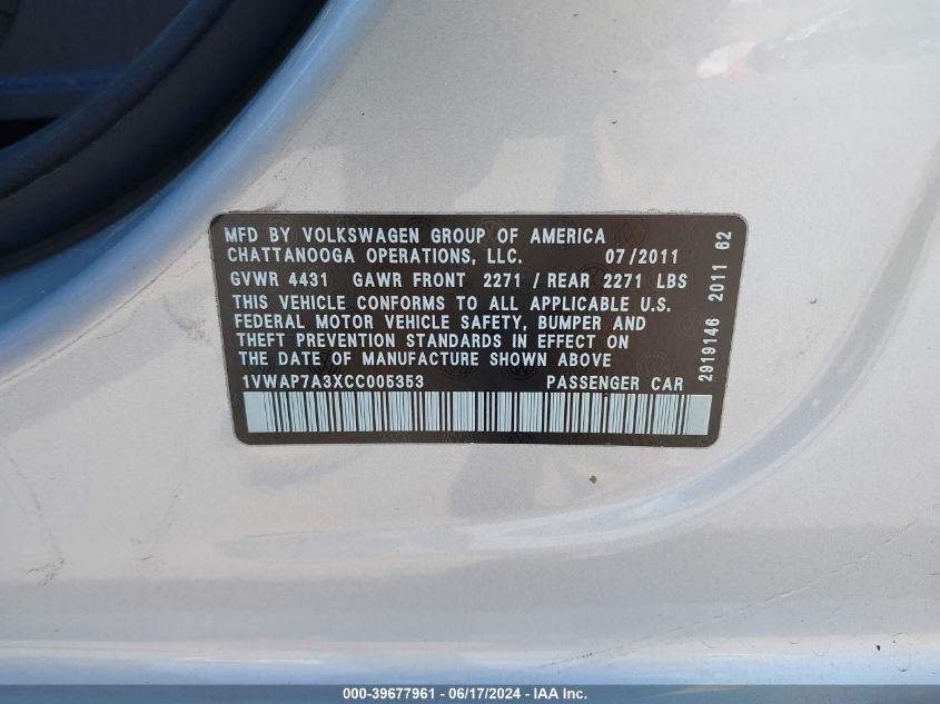 2012 Volkswagen Passat 2.5L S VIN: 1VWAP7A3XCC005353 Lot: 39677961