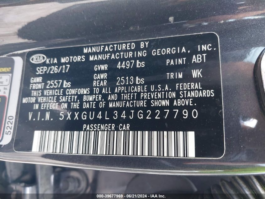 2018 Kia Optima Ex VIN: 5XXGU4L34JG227790 Lot: 39677969