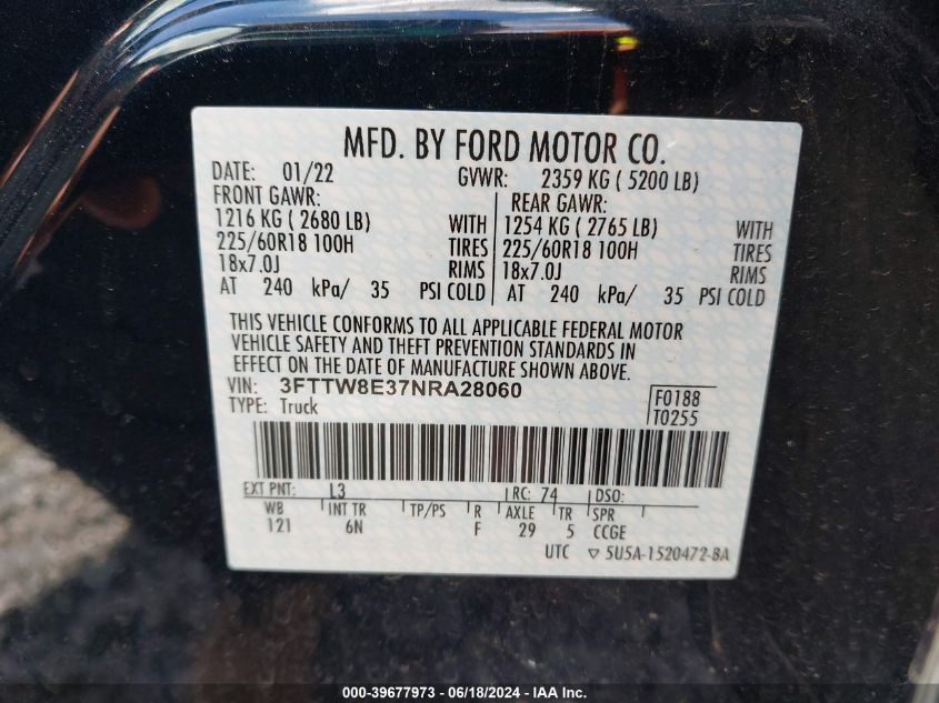 2022 Ford Maverick Lariat VIN: 3FTTW8E37NRA28060 Lot: 39677973