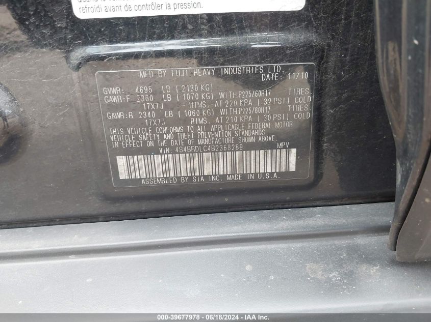 2011 Subaru Outback 3.6R Limited VIN: 4S4BRDLC4B2368289 Lot: 39677978