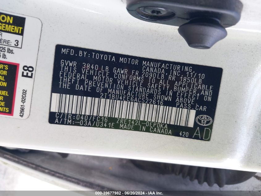 2010 Toyota Corolla S/Le/Xle VIN: 2T1BU4EE6AC522616 Lot: 39677982