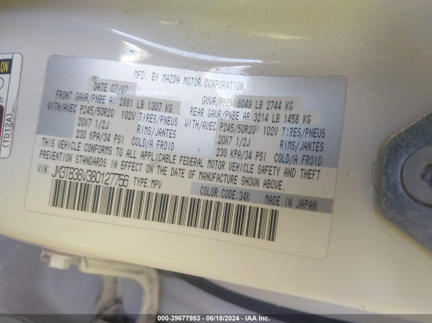 2008 Mazda Cx-9 Grand Touring VIN: JM3TB38V380127756 Lot: 39677983