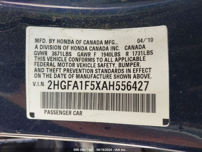 2010 Honda Civic Lx VIN: 2HGFA1F5XAH556427 Lot: 39677987