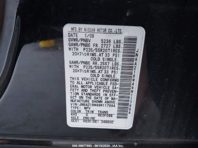 2009 Nissan Murano Le VIN: JN8AZ18W49W117894 Lot: 39677993