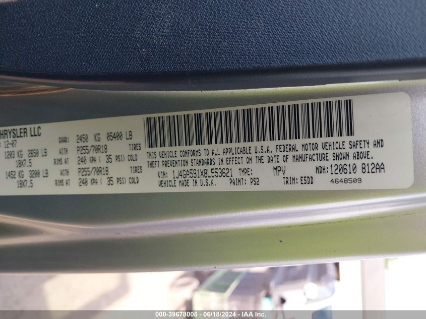 2008 Jeep Wrangler Unlimited Sahara VIN: 1J4GA591X8L553621 Lot: 39678005