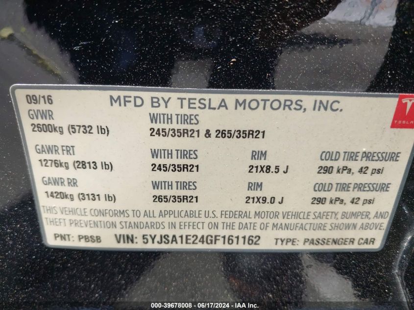 2016 Tesla Model S 60D/70D/75D/85D/90D VIN: 5YJSA1E24GF161162 Lot: 39678008