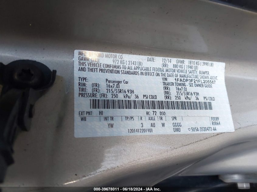 2015 Ford Focus Se VIN: 1FADP3F21FL205587 Lot: 39678011