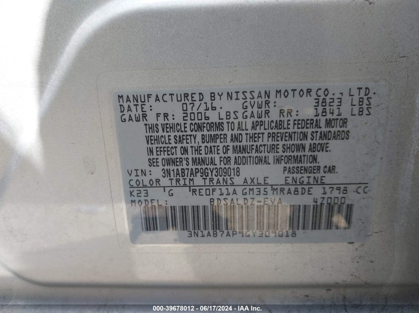 2016 Nissan Sentra Sv VIN: 3N1AB7AP9GY309018 Lot: 39678012