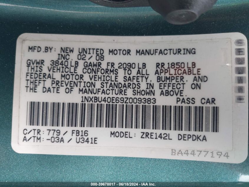 2009 Toyota Corolla Le VIN: 1NXBU40E69Z009383 Lot: 39678017