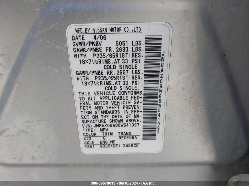 2006 Nissan Murano Se VIN: JN8AZ08W86W541097 Lot: 39678019