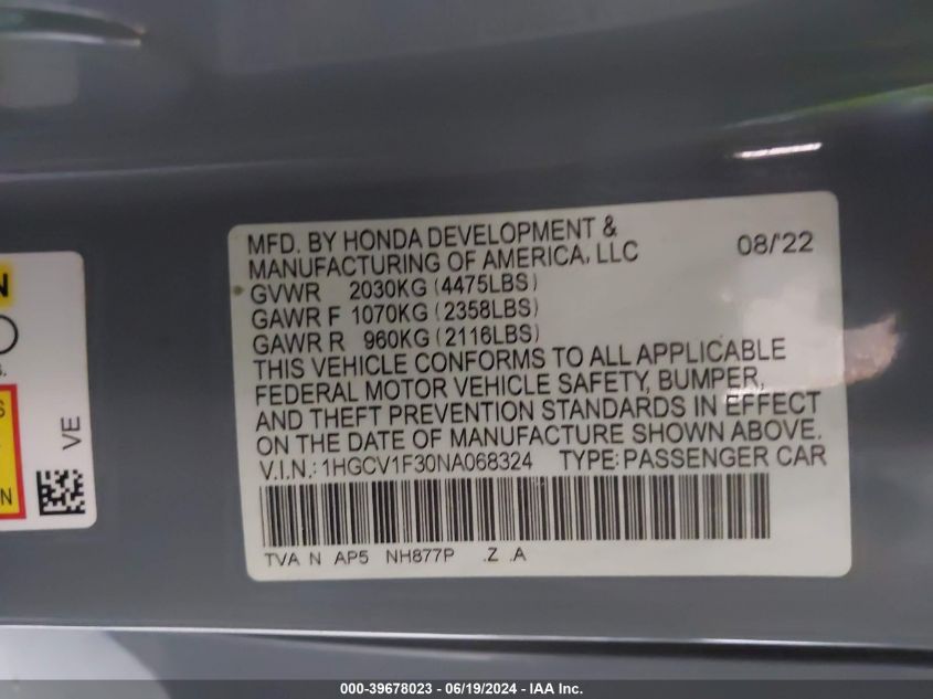 2022 Honda Accord Sport VIN: 1HGCV1F30NA068324 Lot: 39678023