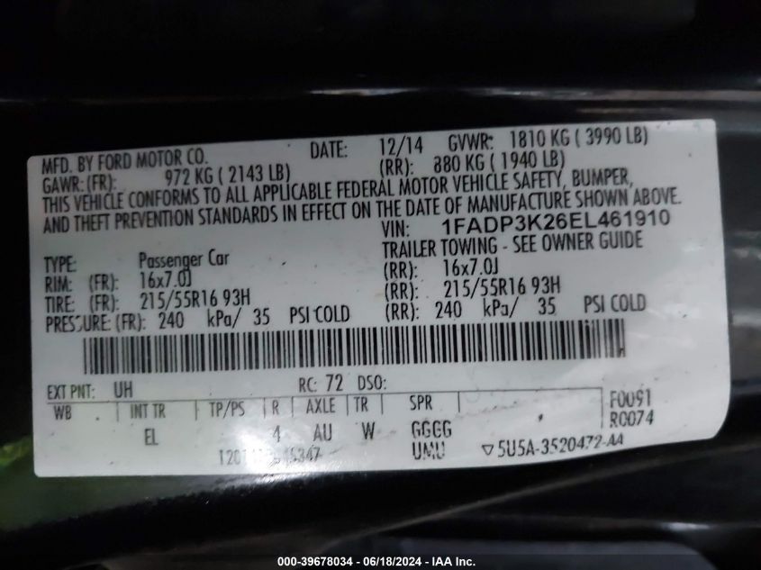 2014 Ford Focus Se VIN: 1FADP3K26EL461910 Lot: 39678034