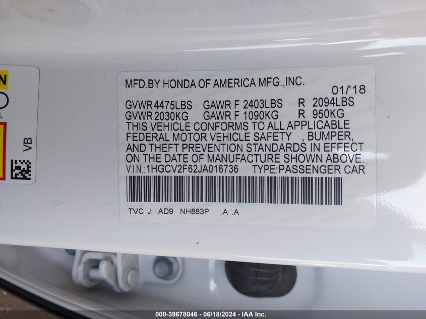 VIN 1HGCV2F62JA016736 2018 HONDA ACCORD EX-L 2.0T