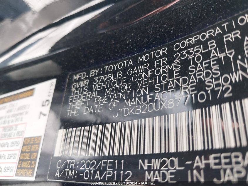 2008 Toyota Prius VIN: JTDKB20UX87710172 Lot: 39678078