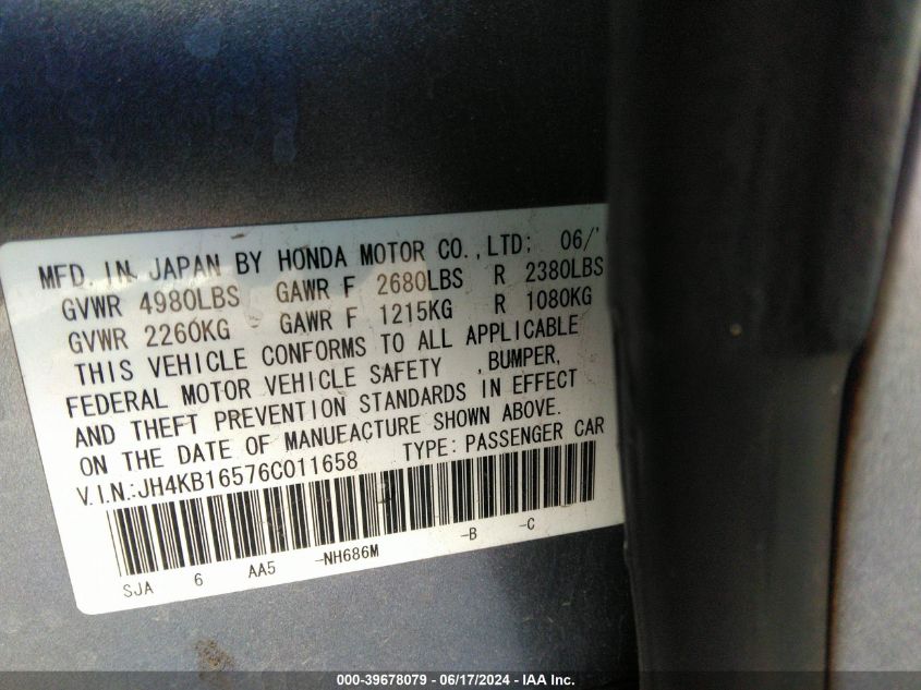 2006 Acura Rl 3.5 VIN: JH4KB16576C011658 Lot: 39678079