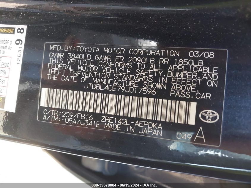 2009 Toyota Corolla Le VIN: JTDBL40E79J017596 Lot: 39678084