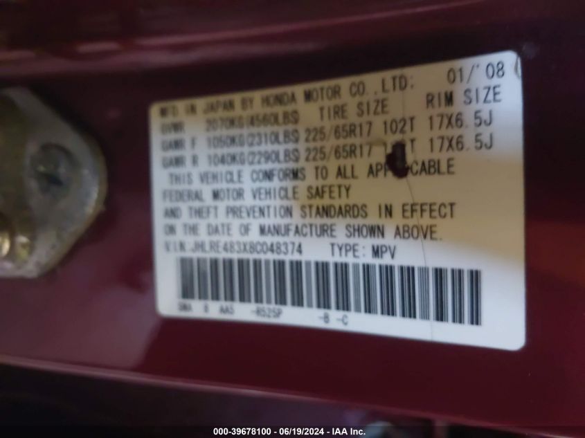 2008 Honda Cr-V Lx VIN: JHLRE483X8C048374 Lot: 39678100