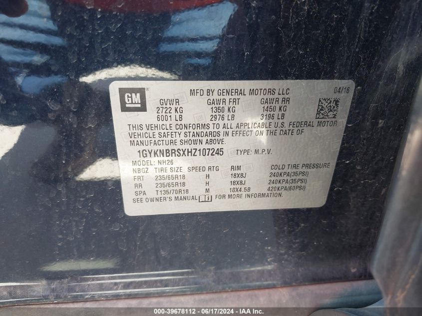 2017 Cadillac Xt5 Luxury VIN: 1GYKNBRSXHZ107245 Lot: 39678112