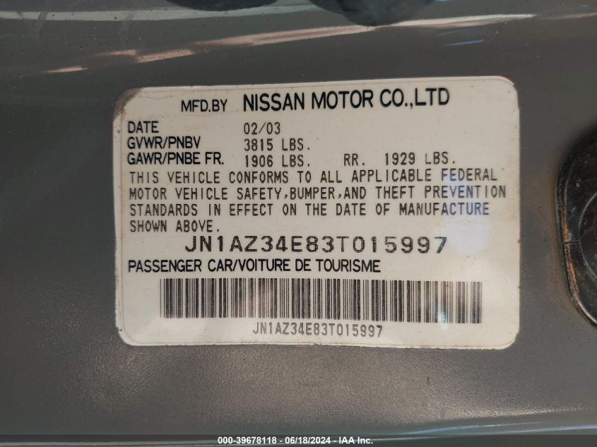 2003 Nissan 350Z Enthusiast VIN: JN1AZ34E83T015997 Lot: 39678118
