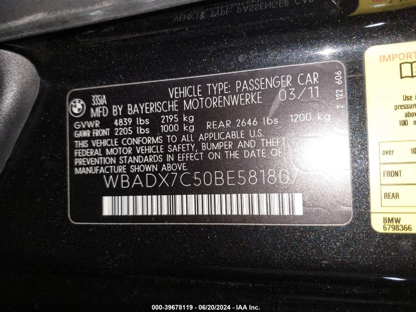 2011 BMW 335I VIN: WBADX7C50BE581807 Lot: 39678119