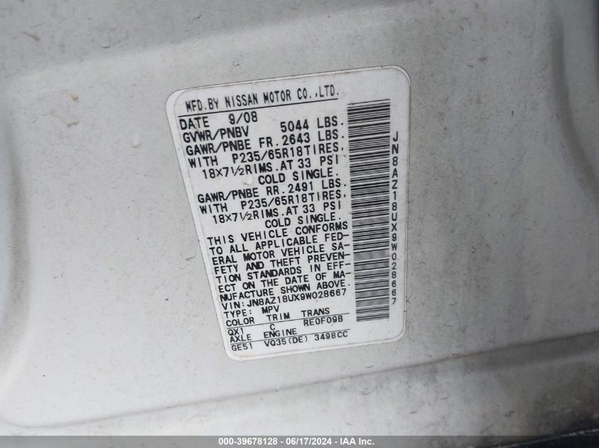 2009 Nissan Murano Sl VIN: JN8AZ18UX9W028667 Lot: 39678128