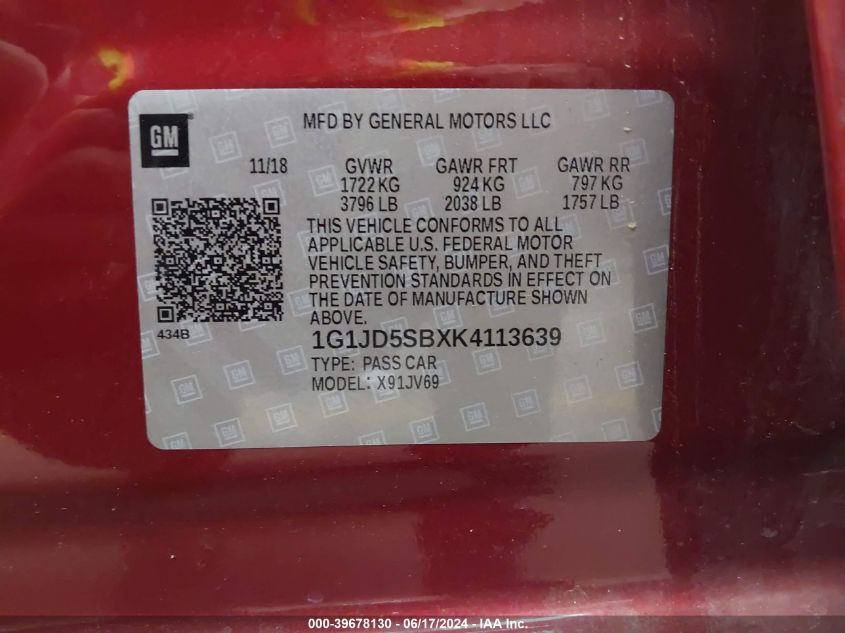 2019 Chevrolet Sonic Lt Auto VIN: 1G1JD5SBXK4113639 Lot: 39678130