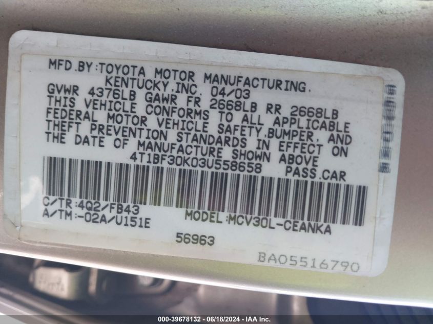 2003 Toyota Camry Le V6 VIN: 4T1BF30K03U558658 Lot: 39678132