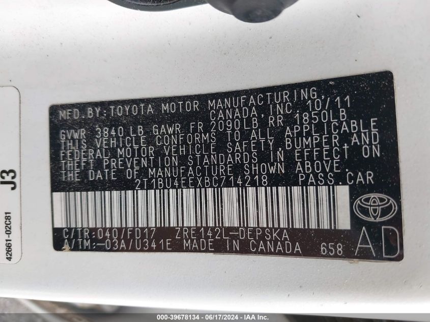 2011 Toyota Corolla S VIN: 2T1BU4EEXBC714218 Lot: 39678134