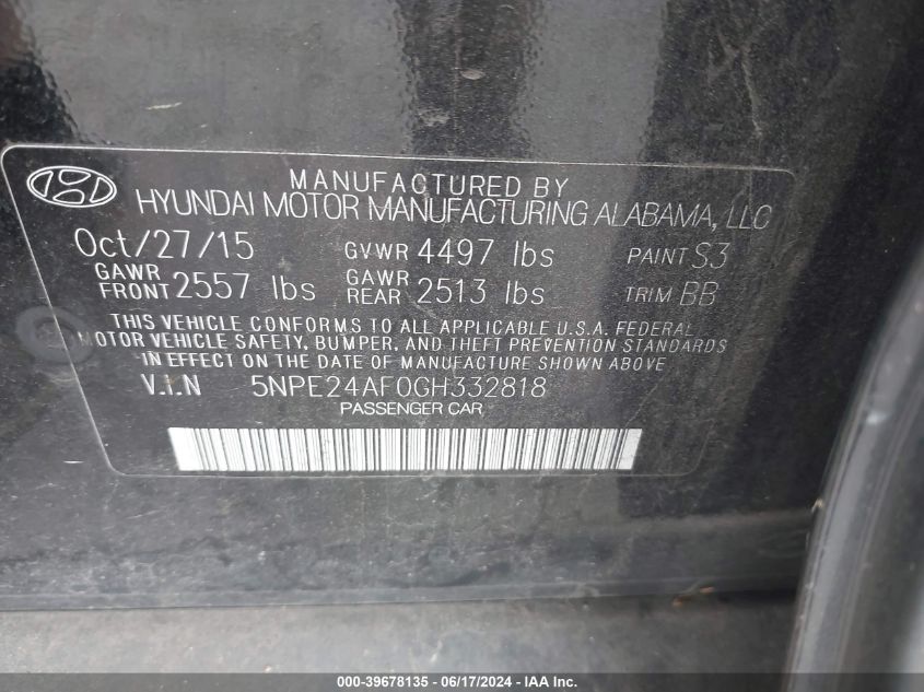 2016 Hyundai Sonata Se VIN: 5NPE24AF0GH332818 Lot: 39678135