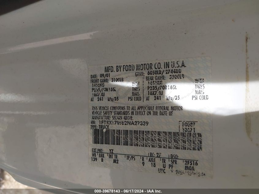 2002 Ford F-150 Lariat/Xl/Xlt VIN: 1FTRX17W62NA27339 Lot: 39678143