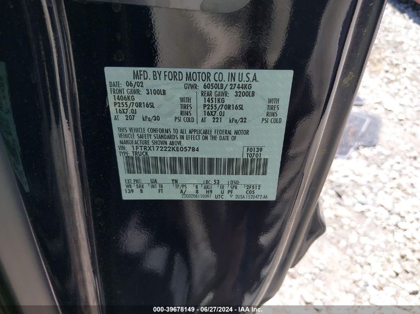 2002 Ford F-150 Xl/Xlt VIN: 1FTRX17222KE05784 Lot: 39678149