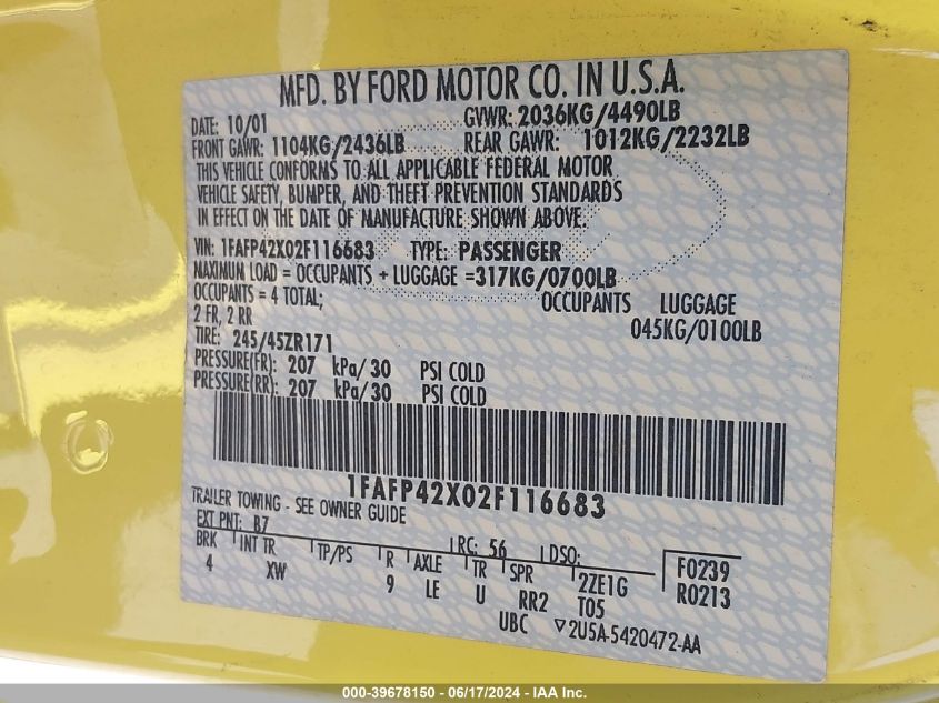 2002 Ford Mustang Gt VIN: 1FAFP42X02F116683 Lot: 39678150